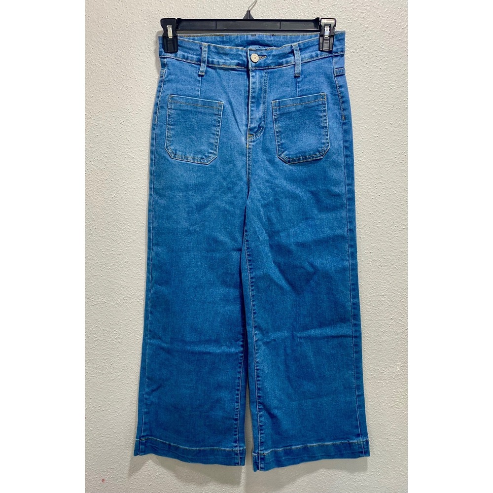 Allimy Womens High Rise‎ Wide Leg Cropped Patch Pocket Jeans Blue Size 6